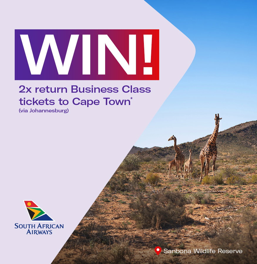 Image: Giraffes in Sanbona Wildlife Reserve. Text: Win! 2x return Business Class tickets to Cape Town (via Johannesburg)