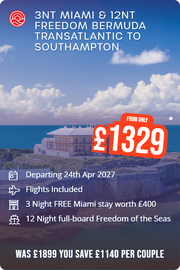 3nt Miami & 12nt Freedom Bermuda Transatlantic to Southampton – Smart Holiday promotional image. From £1,369 Includes: Departing 24th Apr 2027, Flights Included, 3 Night FREE Miami stay worth £400, 12 Night full-board Freedom of the Seas. WAS £XXX YOU SAVE £XXX PER COUPLE
