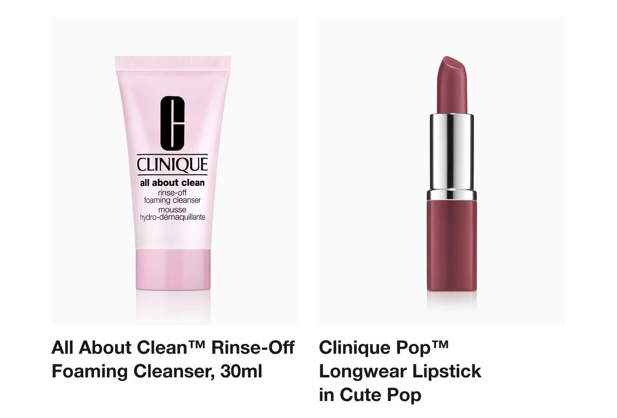 All About Clean™ Rinse-Off Foaming Cleanser, 30ml | Clinique Pop™ Longwear Lipstick in Cute Pop