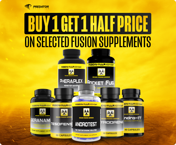 Yellow promo banner reading 'Buy 1 Get 1 Half Price' showing seven Fusion supplement bottles (Pheraplex, Rocket Fuel, AndroTest)