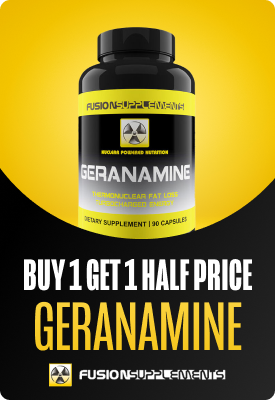 Black Fusion Supplements Geranamine bottle on yellow background with Buy 1 Get 1 Half Price banner — fat-loss capsules