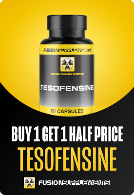 Black and yellow bottle of Tesofensine 60 capsules by Fusion Supplements with Buy 1 Get 1 Half Price promotional banner