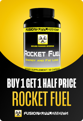 Black and yellow Rocket Fuel supplement bottle by Fusion Supplements on yellow background with 'Buy 1 Get 1 Half Price'.