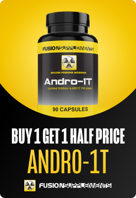 Bottle of Fusion Supplements Andro-1T (90 capsules) against yellow background with 'Buy 1 Get 1 Half Price' promo banner