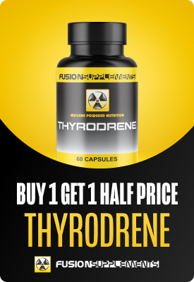 ThyroDrene bottle (60 capsules) by Fusion Supplements on yellow-black promo background — Buy 1 Get 1 Half Price