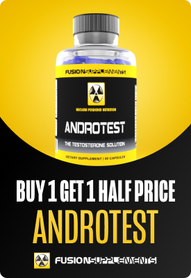 Androtest testosterone supplement bottle on yellow background with 'Buy 1 Get 1 Half Price' promotional text