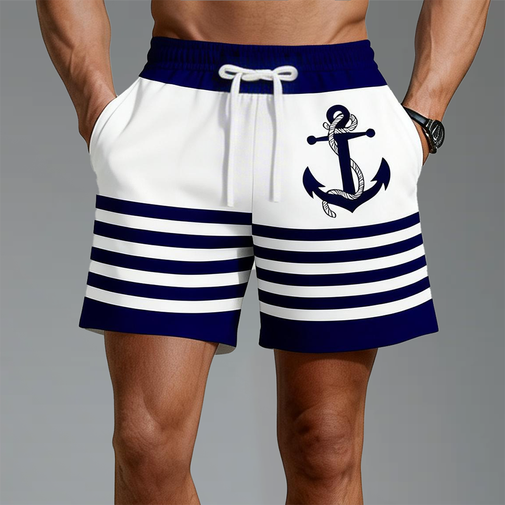 Okaywear Striped Anchor Printed Slant Pocket Drawstring Shorts