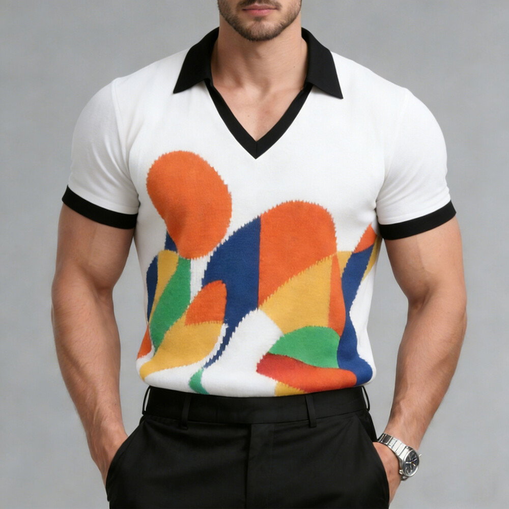 Okaywear Abstract Graphic Print Contrast Trim Slim Fit White Short Sleeve Top