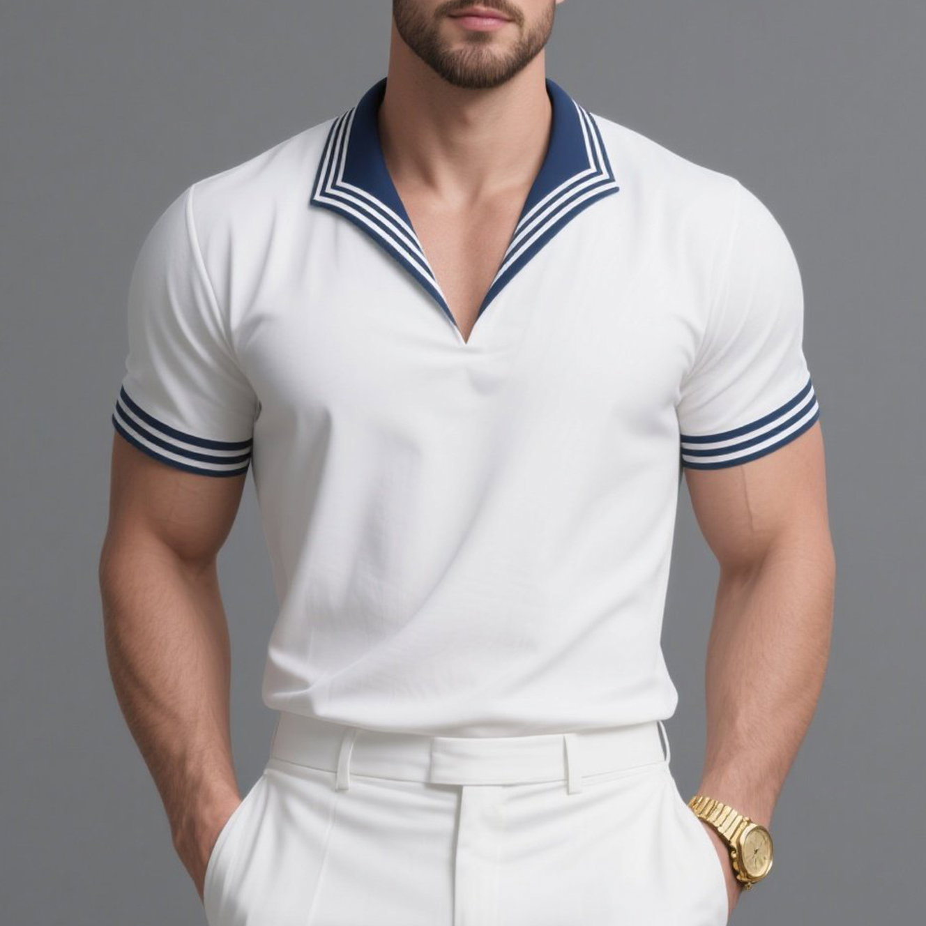 Okaywear Navy Striped Collar Short Sleeve Shirt