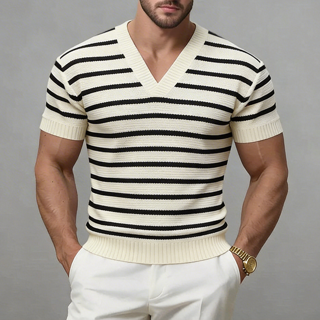 Okaywear Striped Pattern Ribbed V Neck Beige Short Sleeve T-Shirt
