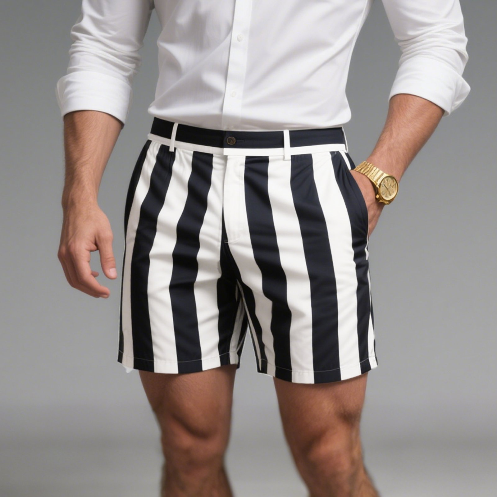 Okaywear Mid Rise Slant Pocket Straight Black Striped Shorts