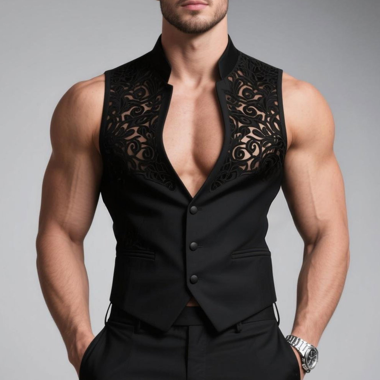 Okaywear Lace Patchwork Stand Collar Three Button Sleeveless Vest