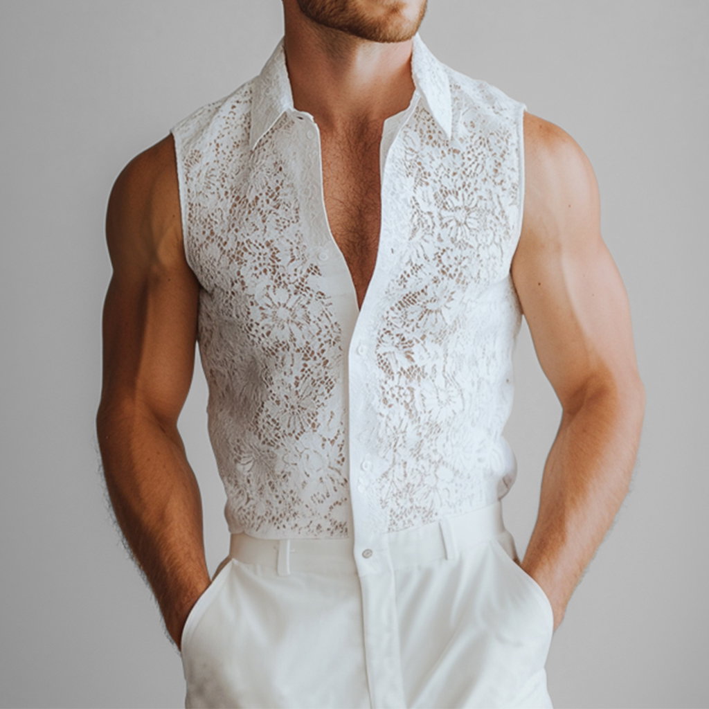 Okaywear Hollow Lace Turndown Collar Button Sleeveless Shirt