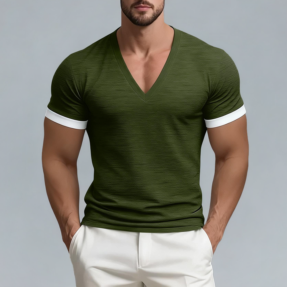 Okaywear Contrast Trim V Neck Slim Fit Army Green T-Shirt