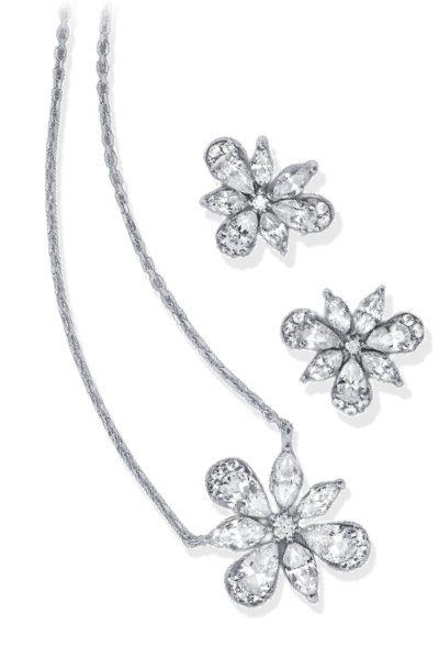Monique Lhuillier white gold diamond floral pendant necklace and matching stud earrings.