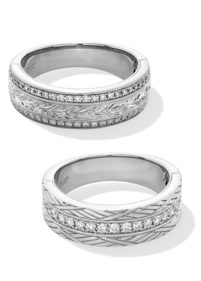 Men’s white gold wedding bands with diamond accents and intricate engraving.