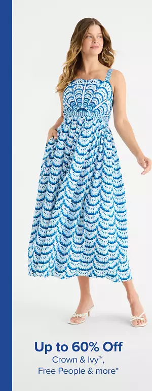 Woman in a blue and white dress. From 29.99 women's summer dresses.