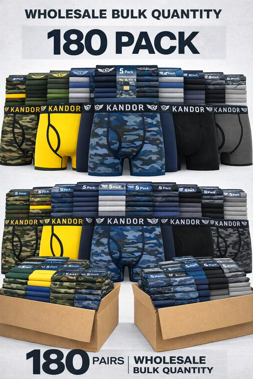 Image of 180 Pack Kandor Men’s Boxer Briefs Multipack – Bulk Underwear Box for Men, Soft & Breathable
