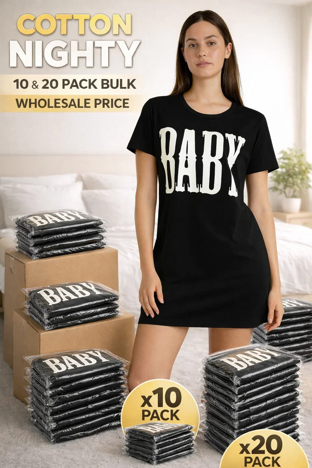 Image of Women Short Sleeve Cotton Nighty - 10/20 Pack - From £1.50 Per Unit