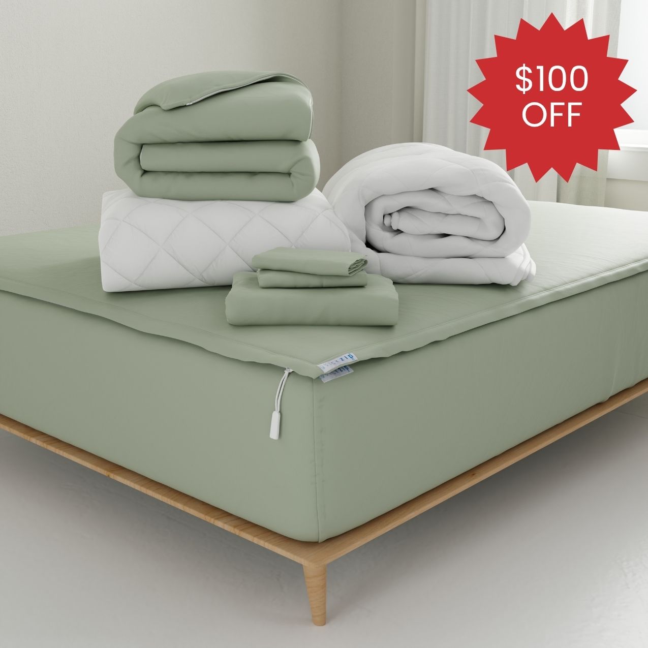 The refresh bundle in moss green percale. $100 off