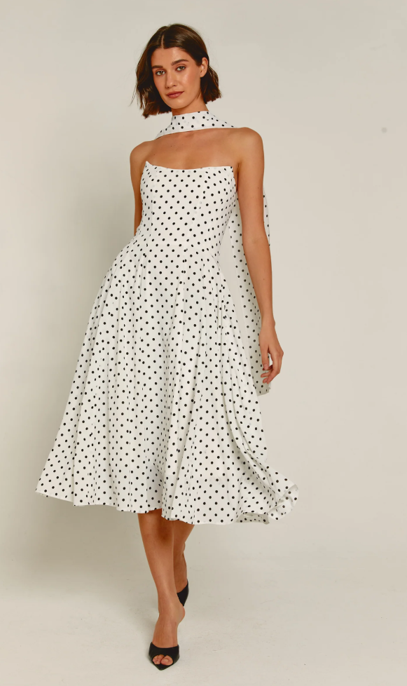 White Polka Dot Scarf Midi Dress