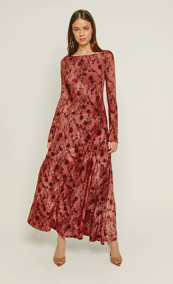 Mauve Floral Burnout Curve Maxi Dress