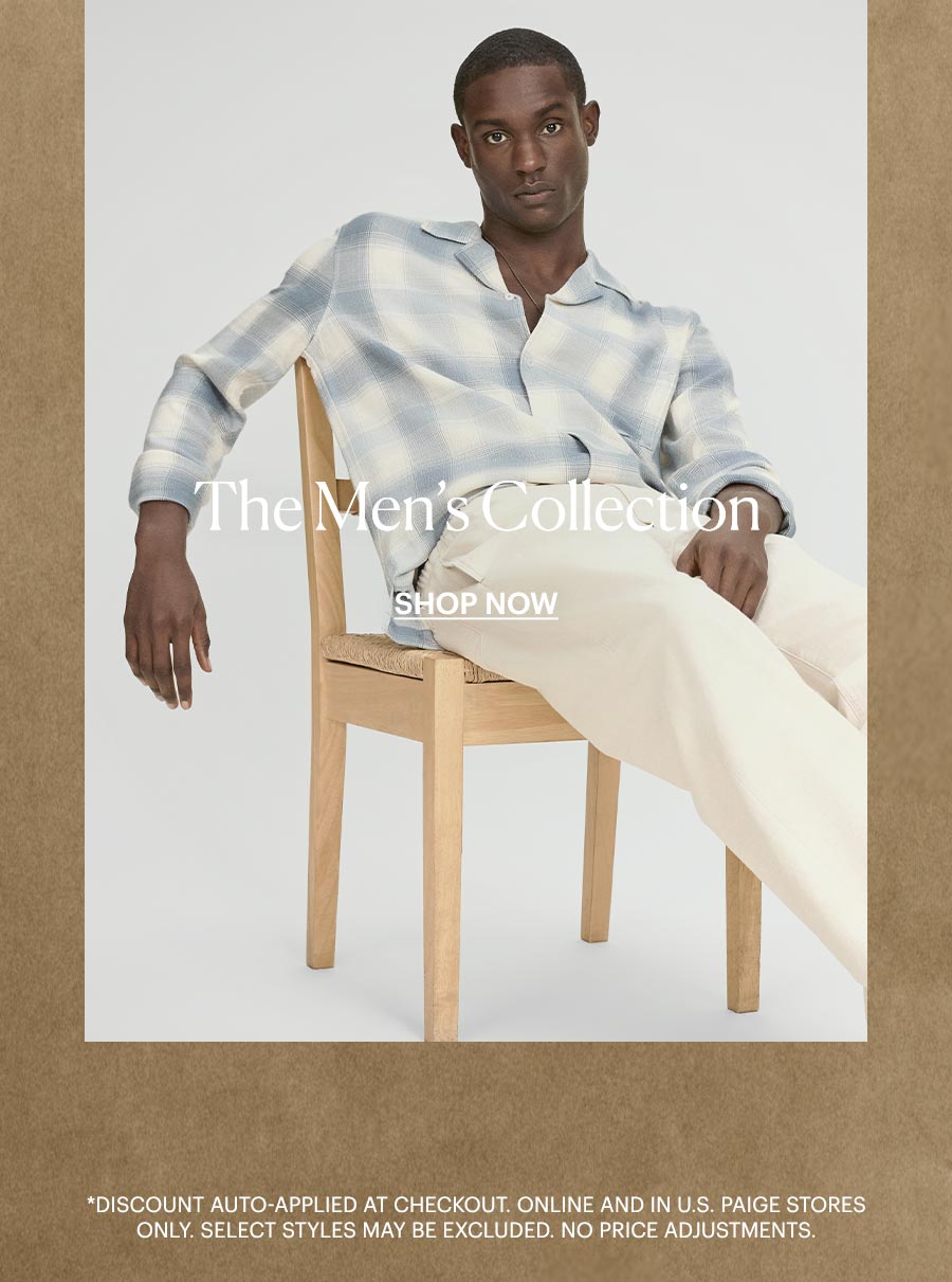 Shop The Men's Collection - Featuring an image of a man wearing a an ivory and light blue plaid flannel and light cream colored denim pants sitting on a chair all by PAIGE. With a warm, beige textured wall as a background image.