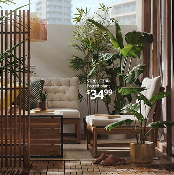 A cozy enclosed porch adorned with the NÄMMARÖ chair with Kuddarna cushions and a STRELITZIA potted plant.