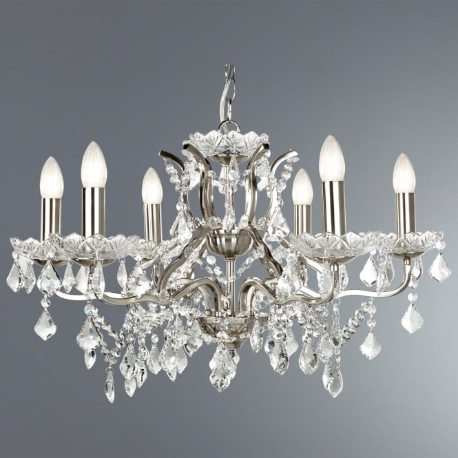 8736-6SS Paris 6 Light Ceiling Chandelier in Satin Silver Finish With Clear Glass Crystal Drops & Trim