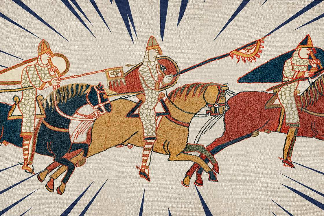 Section of the Bayeux Tapestry showing a group of warriors with shields and spears on horseback charging from left to right.