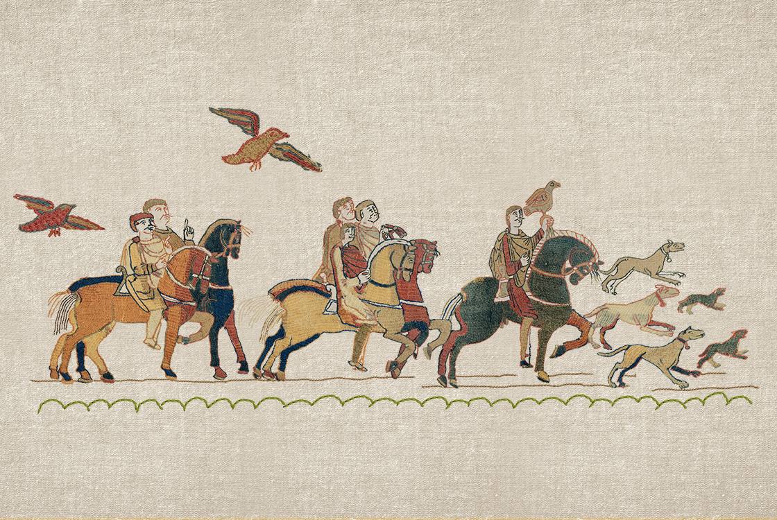 Characters from the Bayeux Tapestry on horseback travel with birds and dogs against a linen background. 