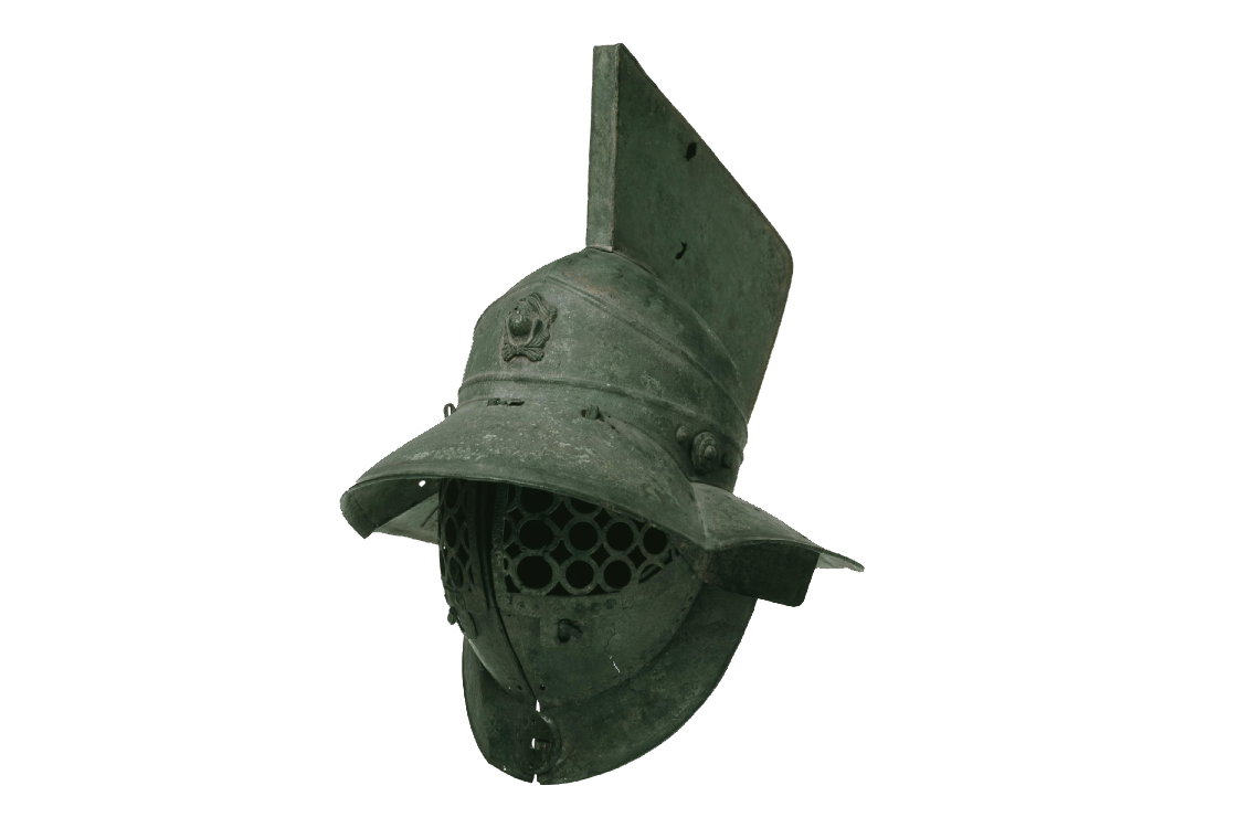 An image of a bronze gladiator helmet from Pompeii.