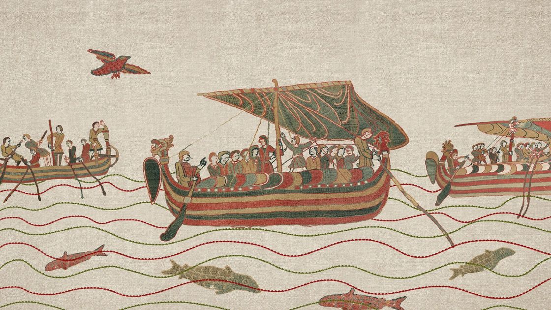 Artistic impression of the Bayeux Tapestry showing three boats rowing across the water, with fish in the sea below.
