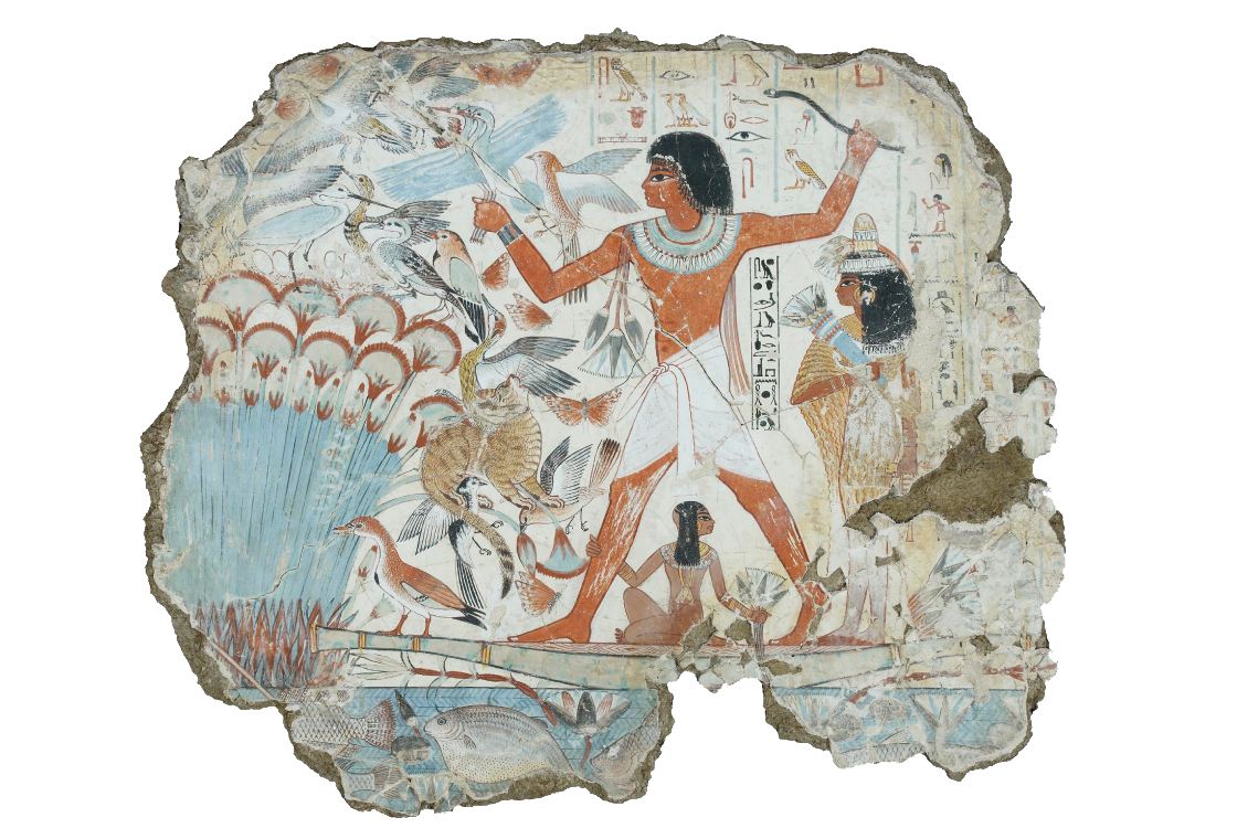 A fragment of a wall painting showing Nebamun, an Egyptian man, hunting in the marshes.