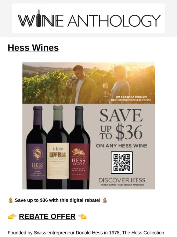 Digital rebate: save up to $36 on Hess wines! 🔥
