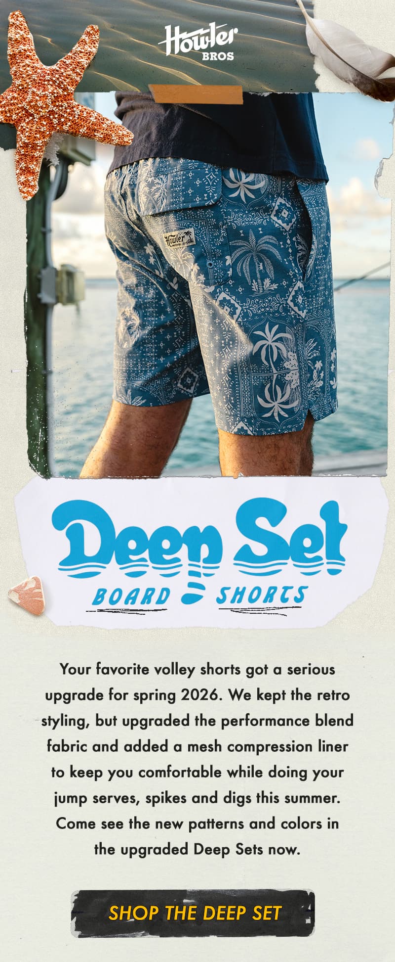 Your favorite volley shorts got a serious upgrade for spring 2026. We kept the retro styling, but upgraded the performance blend fabric and added a mesh compression liner to keep you comfortable while doing your jump serves, spikes and digs this summer. Come see the new patterns and colors in the upgraded Deep Sets now. 
