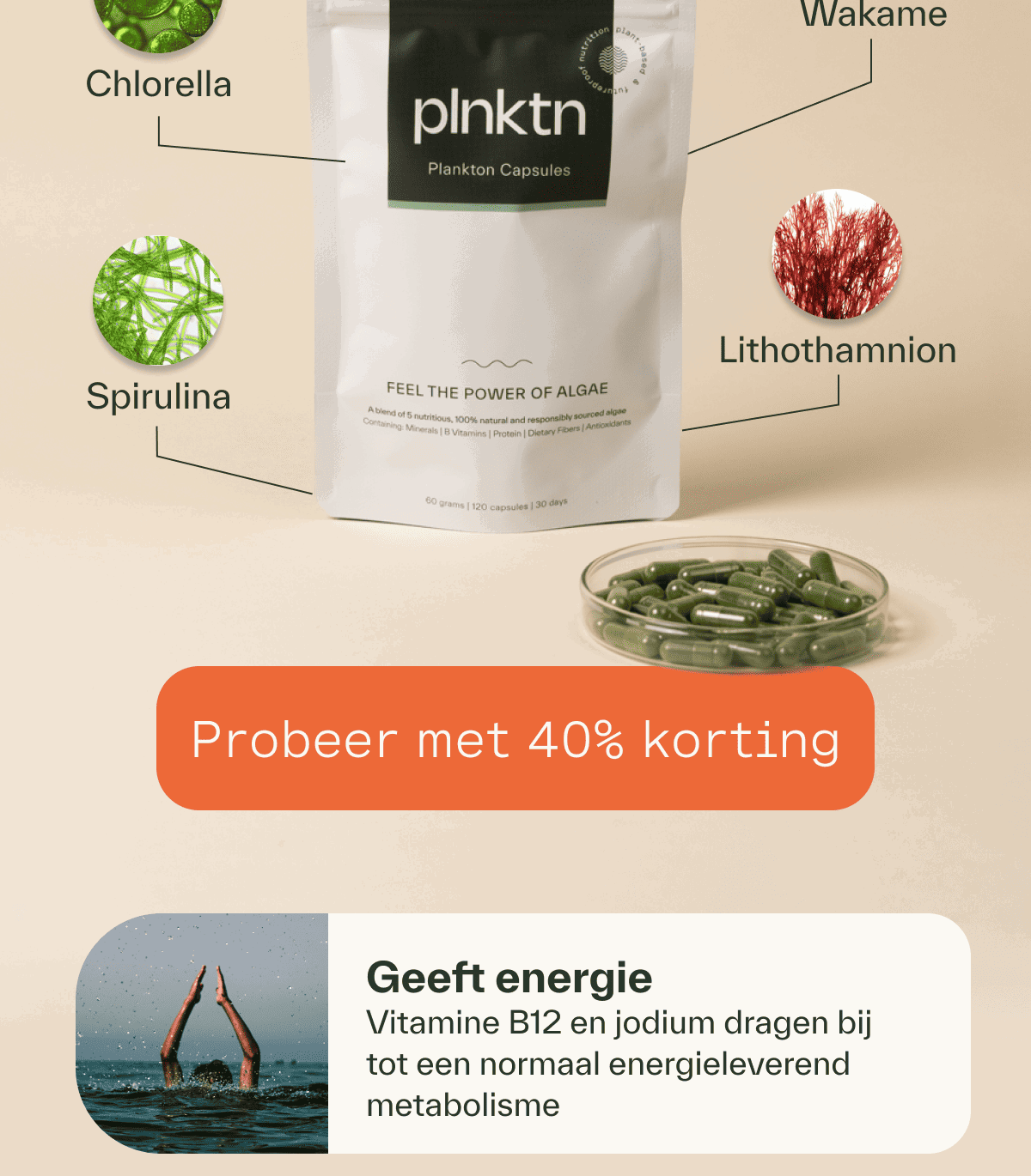 probeer met 40% korting. spirulina en lithothamnion
