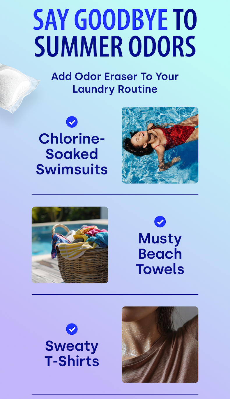 SAY GOODBYE TO SUMMER ODORS Add Odor Eraser To Your Laundry Routine | Chlorine-Soaked Swimsuits Musty Beach Towels Sweaty T-Shirts 