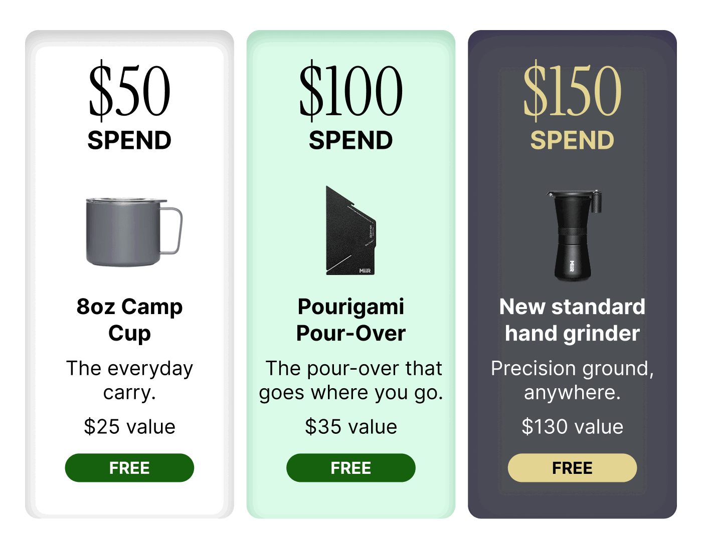 Choose from the 8oz Camp Cup, Pourigami and the Hand Grinder
