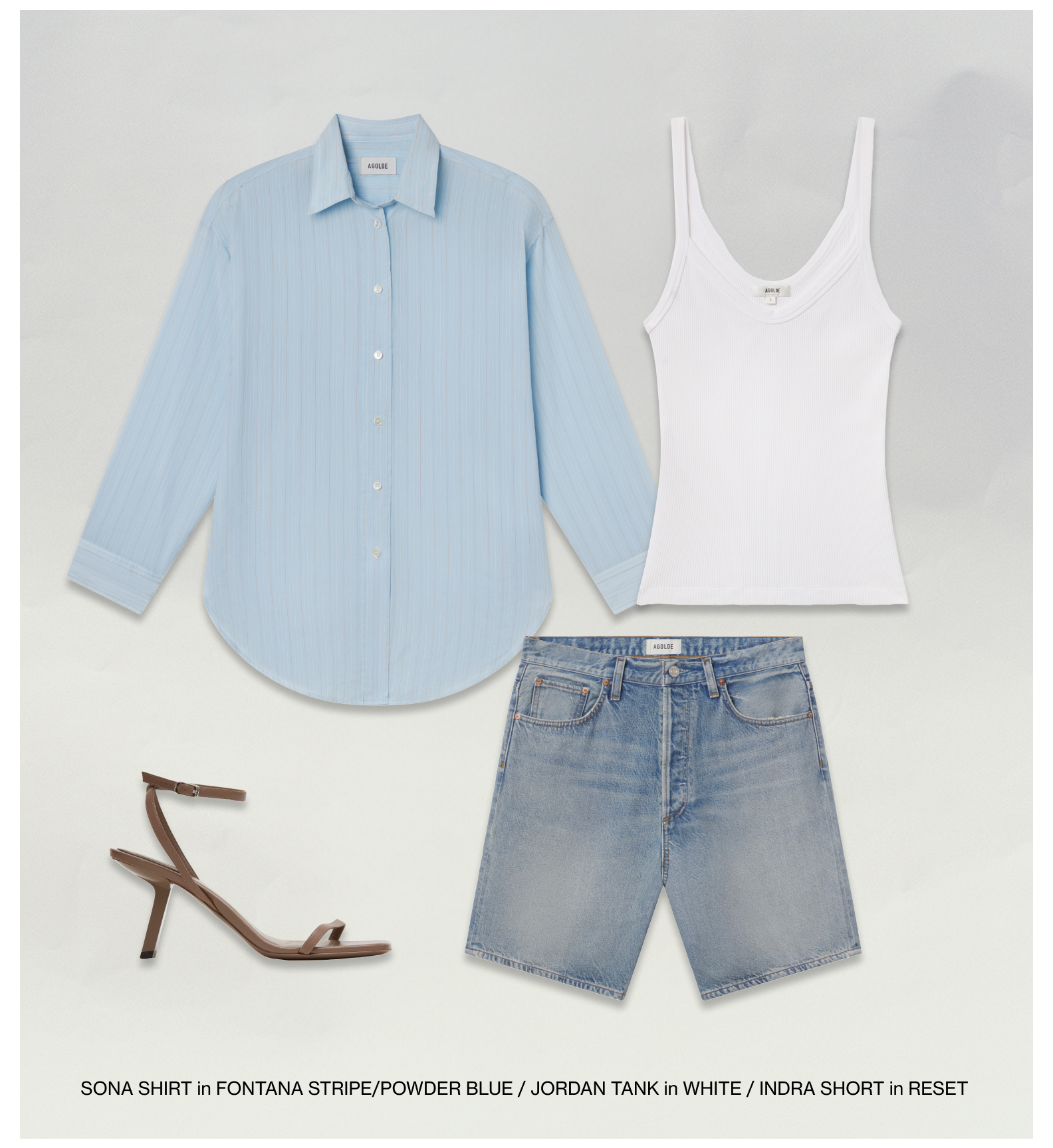 Sona Shirt in Fontana Stripe/Powder Blue / Jordan Tank in White / Indra Short in Reset