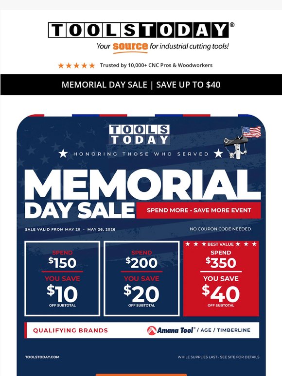 Save up to $40 this Memorial Day. Live now.