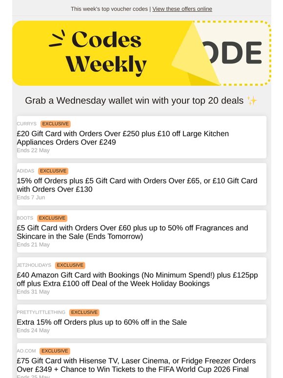 Currys - £10 off | adidas - £10 Gift Card | Boots - Up to 50% off