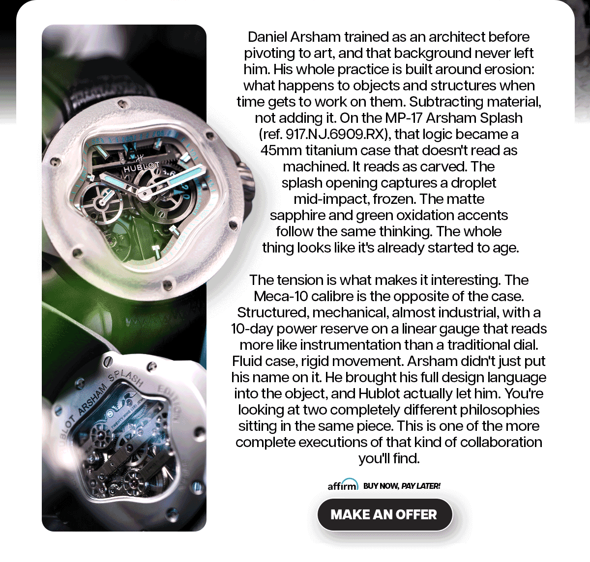 The splash opening captures a droplet mid-impact, frozen. The matte sapphire and green oxidation accents follow the same thinking.