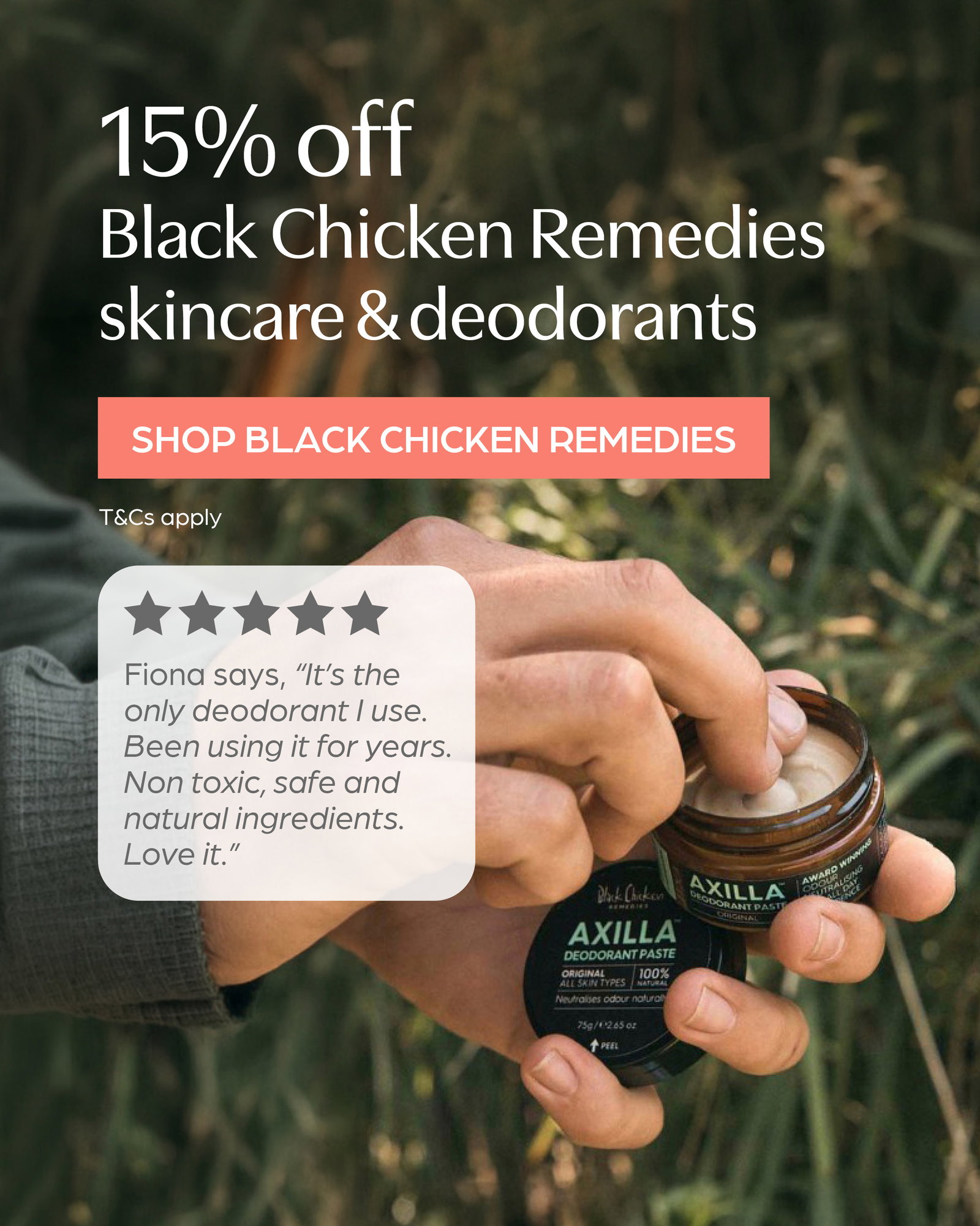 Save 15% off Black Chicken Remedies skincare & deodorants