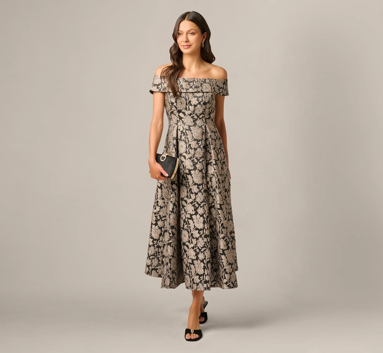 Image of Off Shoulder Metallic Floral Jacquard Ankle Dress In Black Taupe