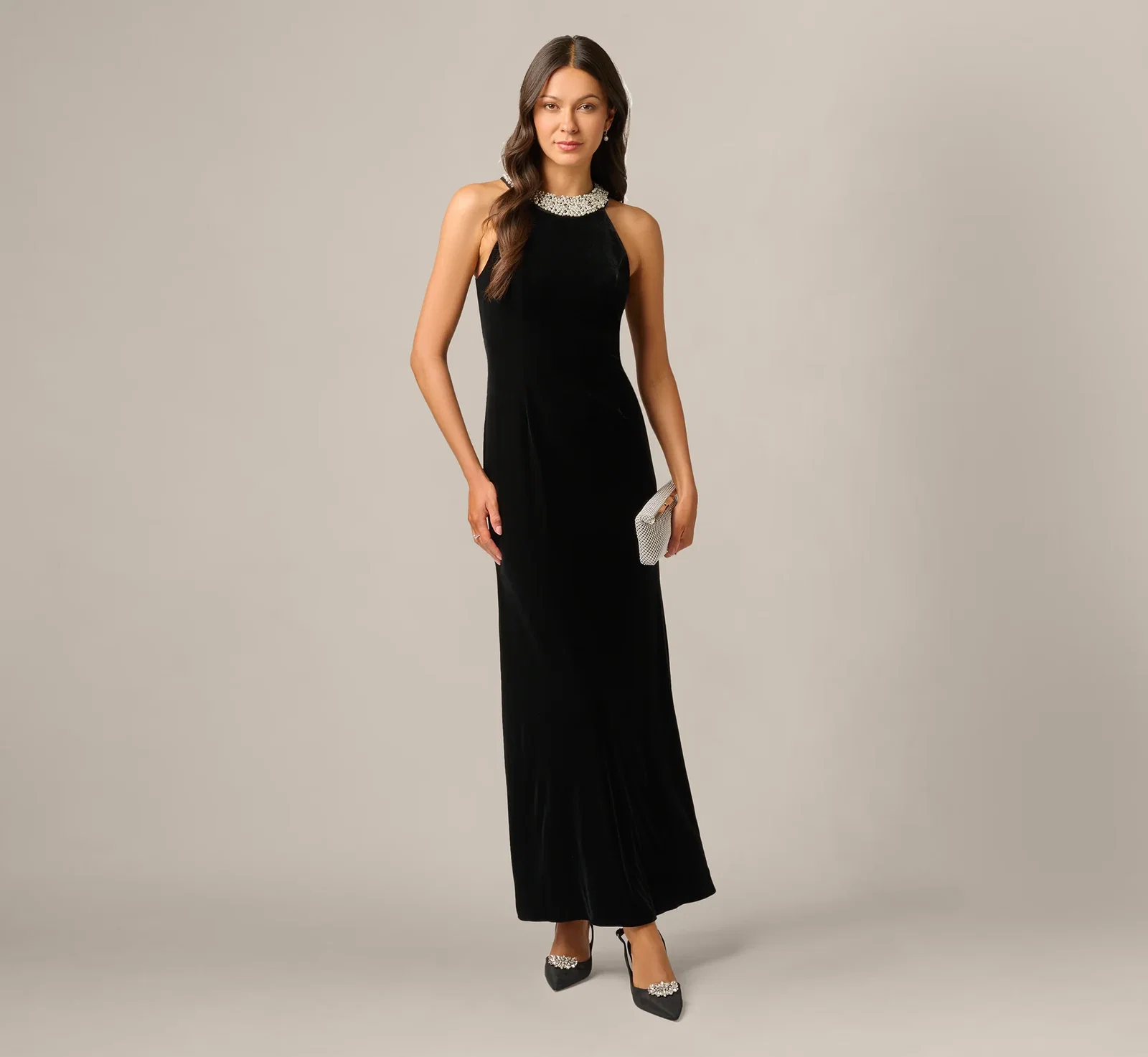 Image of Pearly Collar Velvet Halter Gown In Black