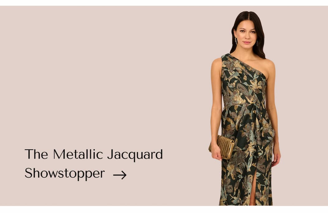 One Shoulder Jacquard Dress In Green Gold
