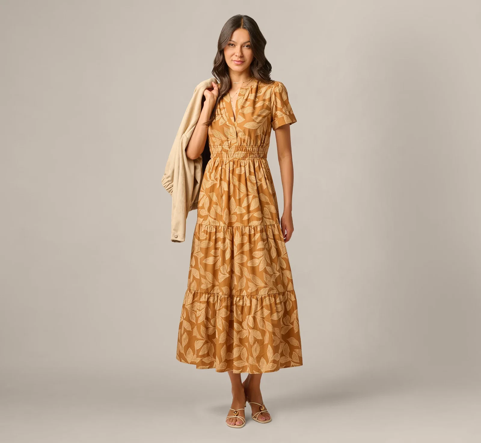 Image of Short Sleeve Sophia Tiered Midi Dress In Cognac Multi