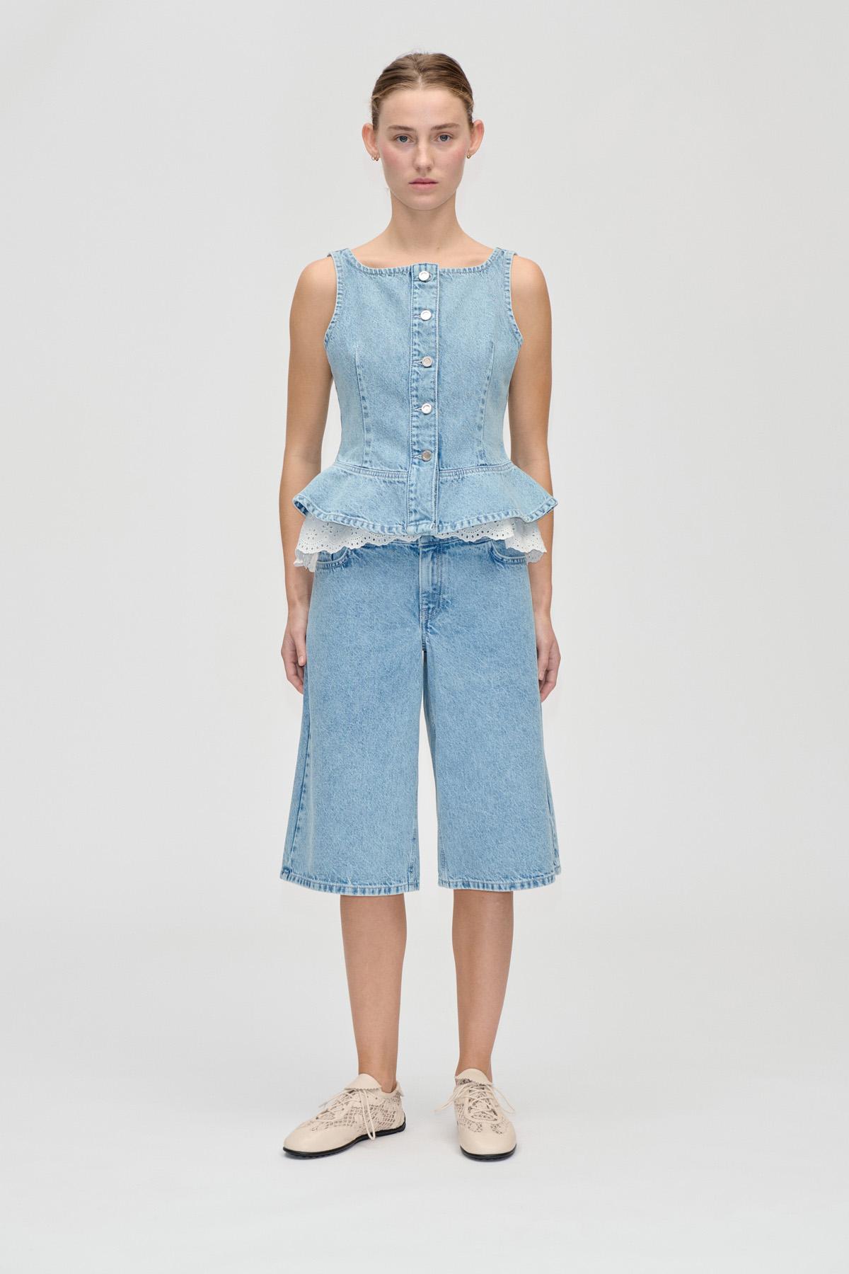 Boatneck Frill Buttoned Top - Denim Blue