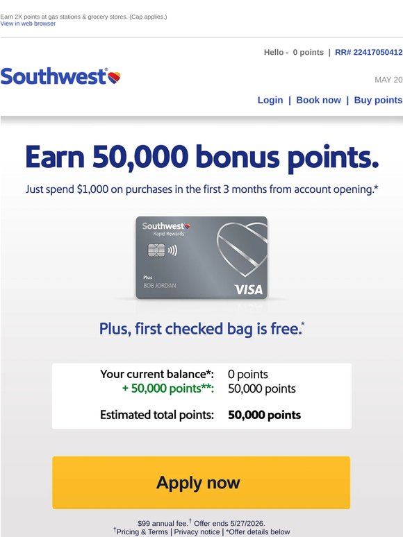 Earn 50,000 points, plus your first checked bag is free! 🎊